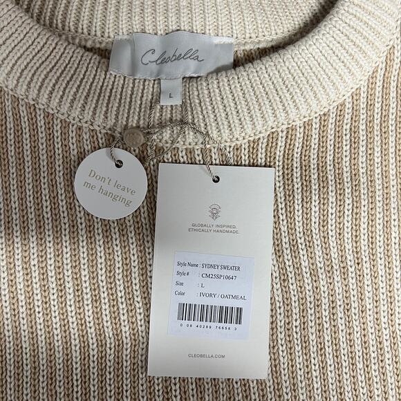 Cleobella Sydney Sweater Hand Knit Cotton Crew Two Tone Ivory Stripe Size L NWT - Picture 8 of 14